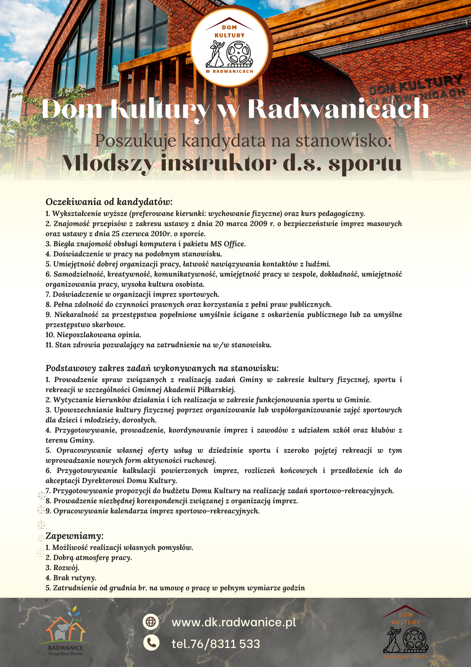 Dom Kultury Poszukuje kandydata na stanowisko; Młodszy instruktor d.s. sportu - zdjęcie 1